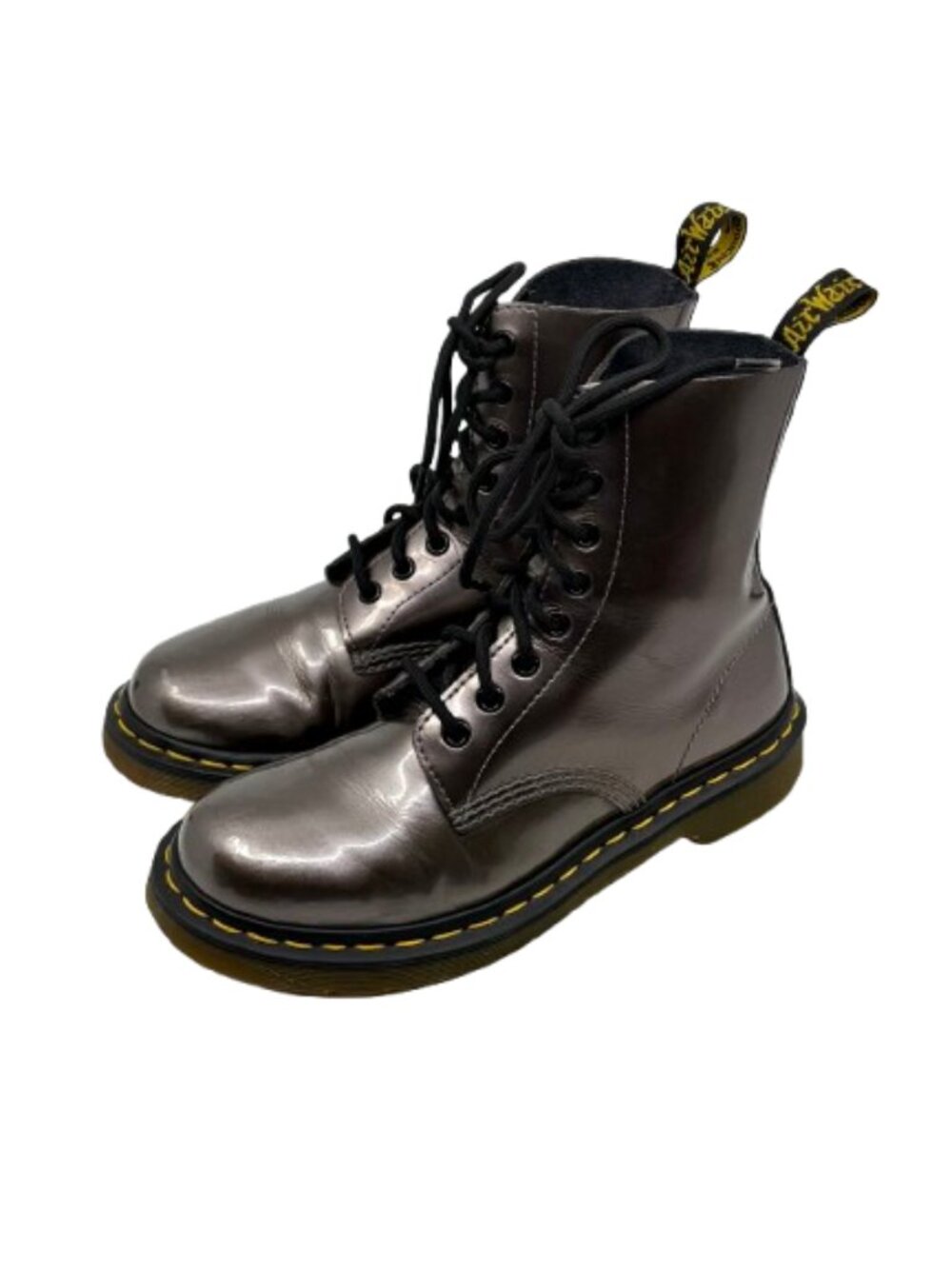 DR MARTENS~PASCAL 8 EYE LEATHER BOOT in SPECTRA PATENT PEWTER Size Ladies' 7